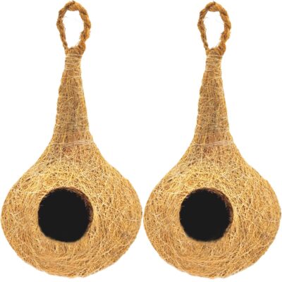 Coconut Shell Bird House with Hanging Hooks for Sparrows, Lovebirds & Small Birds (Pack of 2)