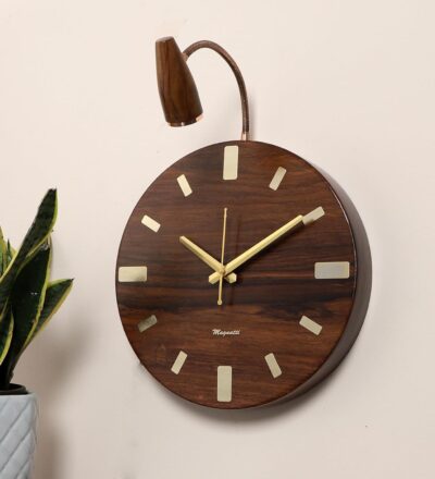 Handmade Sheesham Wood Unique 12X12 Wall Clock With Spotlight/Focus Light Attachment Of 3W In-Built Warm White Led Ft. Rose Gold Plated Metal Spring-Analog