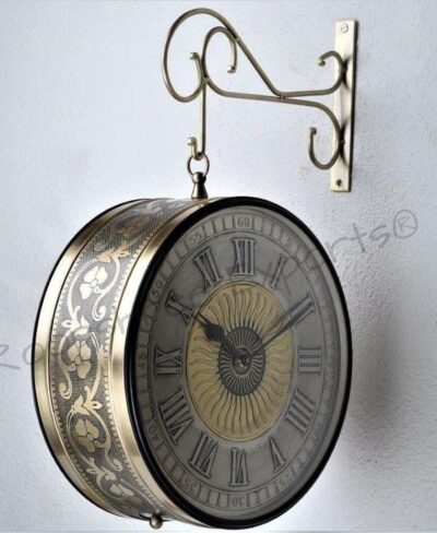 Handcrafted Double Side Clock/Brass Finish/Artisitic Sun Design German Silver and Brass Numbers/ 6509-12-BW2