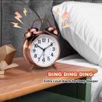 Kadio Loud Alarm Clock for Heavy Sleeper, 4 Inches Twin Bell Battery Operated Metal Alarm Clocks with Night Light for Bedrooms, Retro Analog Alarm Clock for Adults, Silent Non-Ticking (Red Brown)