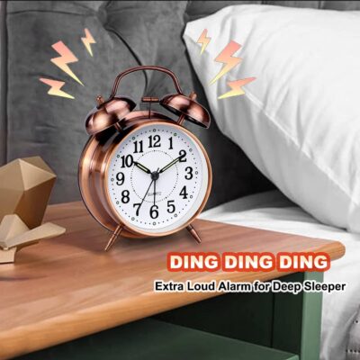 Kadio Loud Alarm Clock for Heavy Sleeper, 4 Inches Twin Bell Battery Operated Metal Alarm Clocks with Night Light for Bedrooms, Retro Analog Alarm Clock for Adults, Silent Non-Ticking (Red Brown)