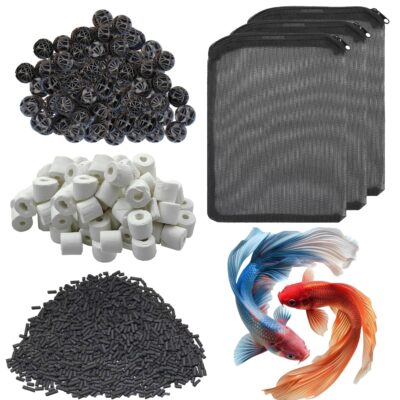 COLOURFUL Aquarium Filter Media Combo – 30 Bio Balls + 500g Ceramic Rings + 500g Activated Carbon | 3-in-1 Filtration System with Free Net Bag (Combo-5)