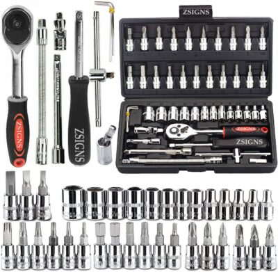 ZSIGNS 46PCS 1/4" Drive Socket Set – Ratchet Wrench Kit with CR-V Sockets, S2 Bits & Extension Bars
