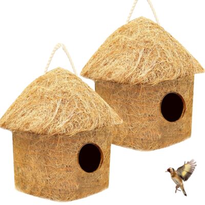 LIVEONCE Classic Bird House with Hanging Hooks – Natural Coconut Shell Nest for Sparrows, Lovebirds & Small Birds (Pack of 2, Light Brown, Antique Style)