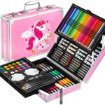 WISHKEY 145-Piece Unicorn Theme Art Set for Kids | Drawing & Painting Kit with Storage Case, Oil Pastels, Watercolors, Color Pencils, Sketch Pens & Accessories (Pink)