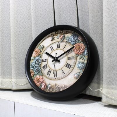 Amazon Brand - Solimo 12-inch Plastic & Glass Analog Wall Clock - Victorian Bliss(Silent Movement), Black