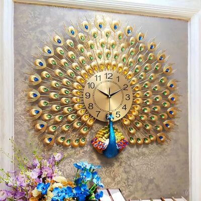 Luxury Vintage Peacock Wall Clock Large 70X65 CM Fancy Modern Art | Decorative Wall Clocks for Living Room Non-Ticking Silent-10 Metal Dial (Peacock-Royal Gold)-Analog