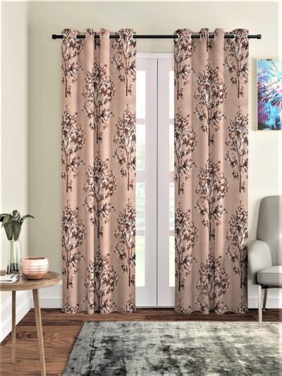 Fashion String Floral Blossoms Semi Sheer Door Curtains – Brown, 7 Feet, Pack of 2