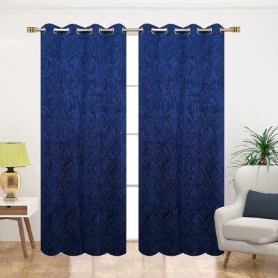 Kiara Creations Velvet Emboss Damas Window Curtain – 5ft, Blue (1 Piece)