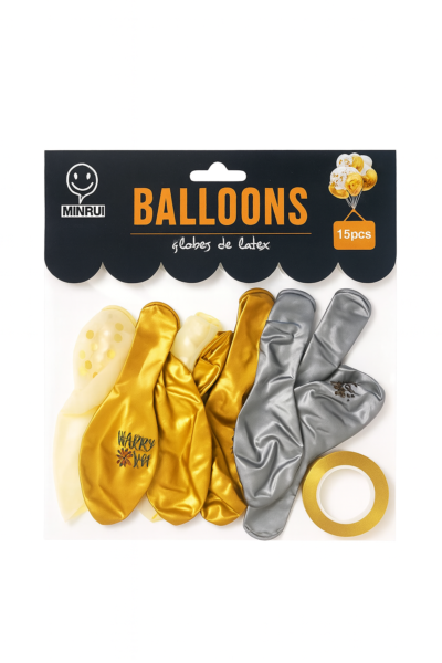 MINRUI Latex Balloons Set of 15 | Gold, Silver & Confetti Balloons with Ribbon | Party Decoration