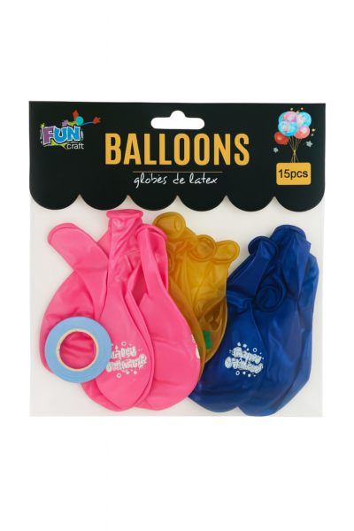 FUN Craft Latex Balloons Set of 15 | Multicolor Pink, Blue & Gold with Ribbon | Party Decoration