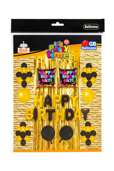 Birthday Decoration Combo Pack | Golden & Black Balloons with Happy Birthday Foil Banner | Party Backdrop Set