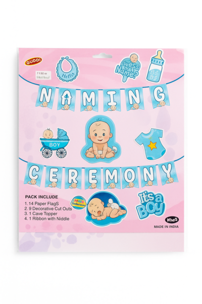 Guddi Baby Boy Naming Ceremony Decoration Kit | Banner, Cutouts & Party Props | Blue Theme