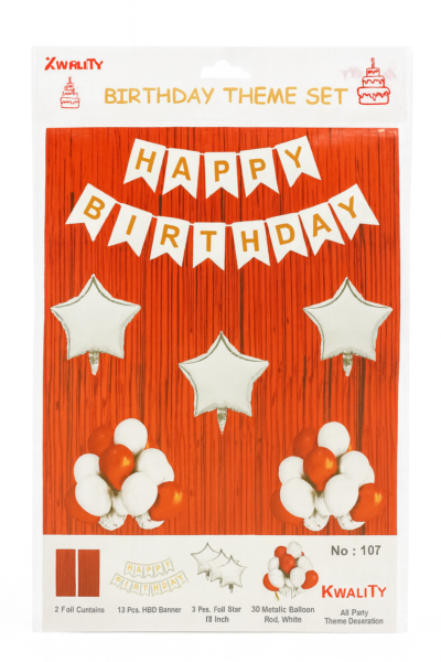 Birthday Decoration Combo Pack | Red & White Balloons, Foil Stars, Banner & Curtains | Party Theme Set