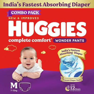 Huggies Complete Comfort Wonder Pants | Pant Style Baby Diapers Medium Size, 100 Count | India's Fastest Absorbing Diaper, Prevents Diaper Rash, Ideal for 7 to 12 Kgs -testing