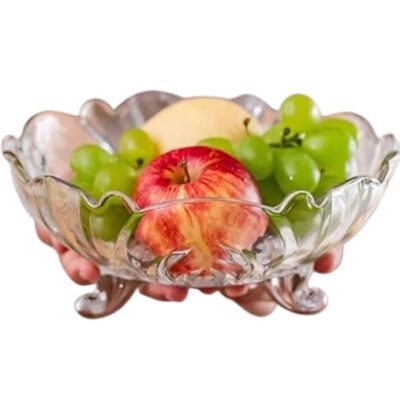 KEDANSH Glass Fruit Bowl | 9-Inch Big 3-Leg Design | Multi-Purpose Salad, Snack & Serving Bowl for Dining Table | Transparent Decorative Tableware