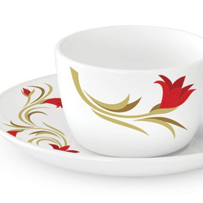Larah By Borosil - Red Lily (LH) Opalware Cup and Saucer Set, 145ml, 12-Pieces, White and Red Lilly