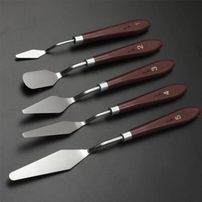 Grandink Palette Painting Knives - Set of 5 Various Sizes & Shapes, Stainless Steel Scraper Spatula with Polished Brown Handle for Artist Canvas Oil Paint Mixing color
