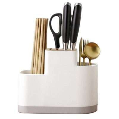 Zollyss Plastic Self-Draining Cutlery Organizer with Removable Tray | Knife, Fork, Spoon & Scissors Holder for Kitchen & Dining Table (White, 22×12×17.5 cm)