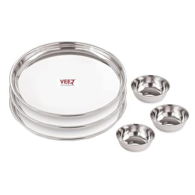 Veer Stainless Steel Dinner Set – 6 Pcs | 3 Full Plates & 3 Bowls | Durable & Dishwasher Safe