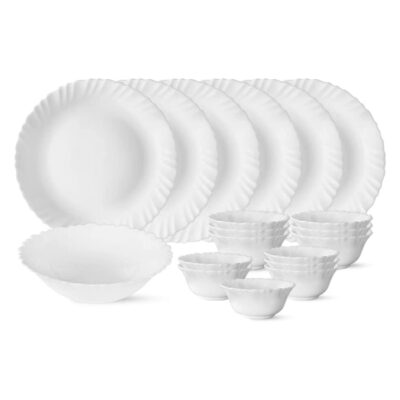 Larah by Borosil Plain White Silk Series Opalware Dinner Set – 19 Pcs | Bone-Ash Free | Microwave & Dishwasher Safe