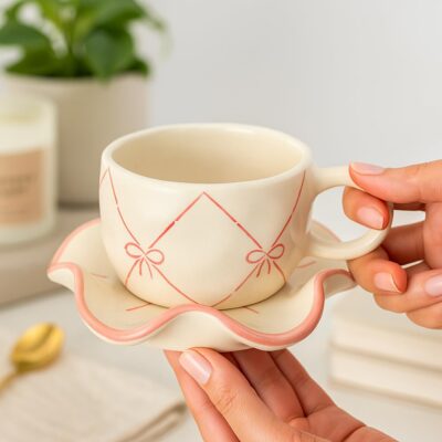 The Deluxe Creations Handmade Ceramic Cup & Wavy Saucer Set – Pink Ribbon Design – Microwave & Dishwasher Safe – Aesthetic Gift for Her, Coffee or Tea Lovers