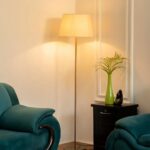 Woodies & Whimsy Metal Floor Lamp Standing Modern Lamp Shade for Living Room Corner, Home, Hotel, Office | 4 Ft Height with 12 Inch Shade | LED Bulb Included (Gold)