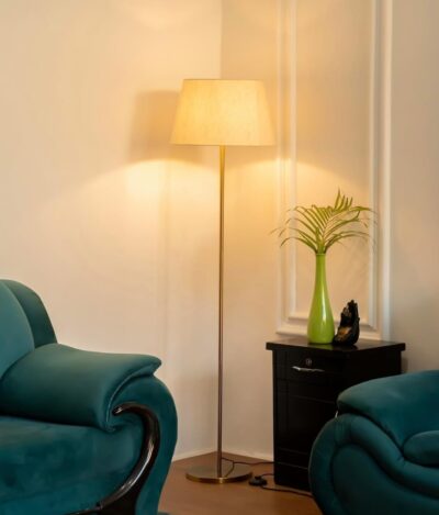 Woodies & Whimsy Metal Floor Lamp Standing Modern Lamp Shade for Living Room Corner, Home, Hotel, Office | 4 Ft Height with 12 Inch Shade | LED Bulb Included (Gold)