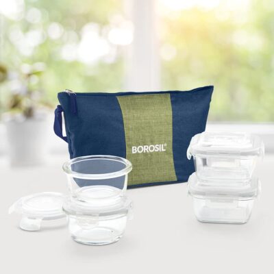 Borosil Ace Daisy Lunchbox with Bag | 4pc (320ml x 2 Square + 240ml x 2 Round) Container Set | Made in India Borosilicate Glass | Microwave & Dishwasher Safe Tiffin for Office, College & School