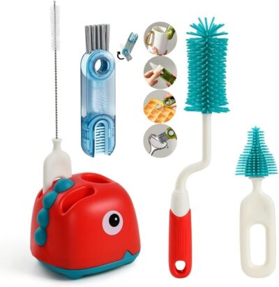 Baby Bottles Cleaning Brushes Set for Milk Bottle Nipple Straw, Silicone Bristle Baby Bottle Cleaner Brush with Lid Cleaning Brush for 360° Movable Easy Cleaning Brush