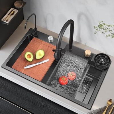 Clay Plus Piano Sink 30"x18"x9" Waterfall Sink with Integrated Waterfall & Pull Down Faucet | 304 Grade Stainless Steel Waterfall Kitchen Sink with LED Pannel & Digital Display Kitchen Sink