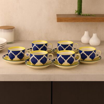KITTENS Handmade Ceramic Tea Cup & Saucer Set of 6 – 180ml – Yellow & Blue – Handcrafted Pottery – Microwave & Dishwasher Safe – Indian Tea Set & Diwali Gift for High Tea & Festive Gifting