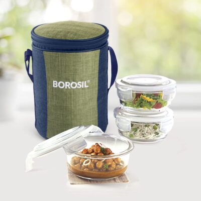 Borosil Ace Series Lunchbox with Bag | 3 × 400 ml Borosilicate Glass Containers | Leak-Proof, Airtight, Microwave & Dishwasher Safe Office Tiffin