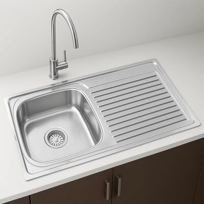 PLANETXERO Stainless Steel Kitchen Sink 37x18 Inches with Drain Board | Single Bowl Glossy Finish with Stainless Steel Coupling | Durable & Easy to Clean
