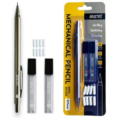 BRUSTRO Mechanical Pencil Set | HB-20 leads, 2B-20 leads,Spare eraser 8 units|Tip size 0.7 mm | Ideal for Students,Adults, Home, School, Office, Stationery Use |Writing, Sketching, Drawing, Mandala Art