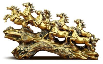 UAG Exports 7 Running Horses Statue – Golden Resin Vastu Showpiece (19 Inch)