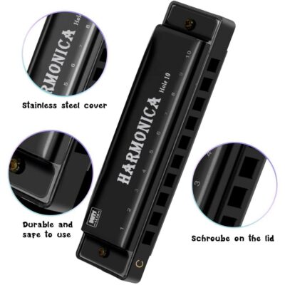 KRIAA ENTERPRISE Harmonica 10 Holes in C Key – Blues Mouth Organ for Kids, Students & Adults | Beginner-Friendly Diatonic Harmonica with Case – Great for Practice, Travel & Gifting (Black)