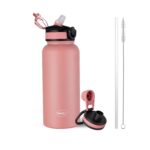 Pigeon by Stovekraft Rush Thermos Stainless Steel Sipper Flask, 1000 ml, Pink | 24 Hr Hot & Cold | Leak Proof | Double Wall Vacuum Insulated | With Straw, Cleaner & Extra Screw Cap | Ideal for Office, School & Travel