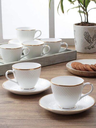 Femora Ceramic Gold Line Diamond Cut White Cup with Saucer Set of 12 Pcs | Tea/Coffee Cups 200 ml | Microwave & Dishwasher Safe | Bone-Ash Free | Crockery Set Ideal for Daily Use & Gifting, White