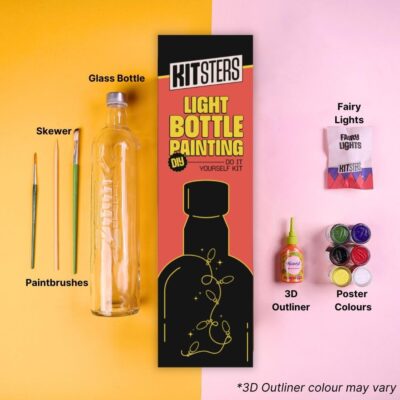 KITSTERS DIY Light Bottle Painting Kit Recycled Bottle + Fairy Lights + Paints & Brushes Ideal Birthday Gift Art & Craft Fun Activity for Kids & Adults Detailed Video Workshop Included, Multicolor