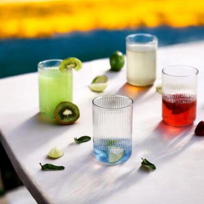 Juice Glasses Set Clear Classic Faluda Glasses with Vintage Style & Vertical Stripes, Ideal for Milkshakes, Juice, Cocktails, Iced Coffee, and Water Durable Plastic Drinkware (6 Pcs) 18 ML