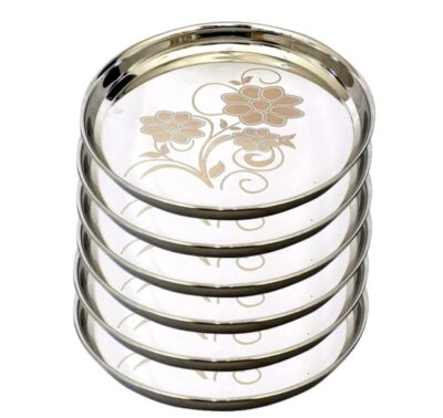 KC Stainless Steel Thali Plate Set – 6 Pcs, 27 cm | Laser Design | Rust-Proof & BPA-Free