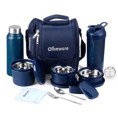 Oliveware Teso Fuel Meal Combo Lunch Box Set | 3 Containers (290 ml, 450 ml, 600 ml) + Pickle Box (130 ml) + Steel Bottle (750 ml) + Sipper (750 ml) + Cutlery & Napkin | Leak-Proof, Portable Lunch Bag