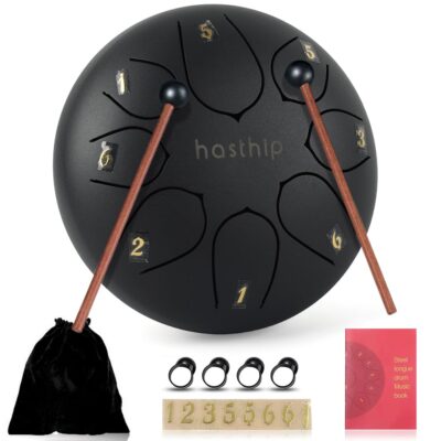 HASTHIP® Steel Tongue Drum 8 Note, 6 inch Percussion Instrument Handpan Drum with Bag, Music Book and Mallets for Kids and Adults Meditation Musical Education Concert Mind Healing Yoga (Black)