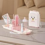 Infantso Foam-O (10-in-1) Baby Bottle Cleaning Brush Set – Feeding Bottle Cleaner Kit for Newborn Essentials with Pacifier Brush, Straw Brush, Drying Rack & Soap Dispenser | BPA-Free Silicone Bristles