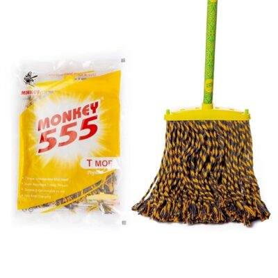 Monkey 555 T-Mop Popular | Super Absorbent Cotton Threads | Replaceable Mop Head | Elongated Strong Wooden Grip | Sturdy Plastic Hook