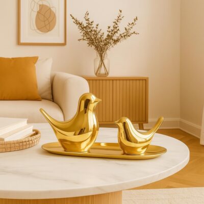 Xtore Golden Ceramic Blessing Birds – Home Decor Figurines (Pack of 2)