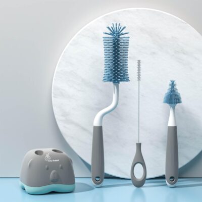 R for Rabbit Hygo Care Teddy Baby Bottles Cleaning Brushes 360° Rotatable, Feeding Bottle Nipple & Straw Cleaner Set with Anti Slip Handle, Easy to Clean Corner, BPA-Free Silicone Bristles(Grey Blue)