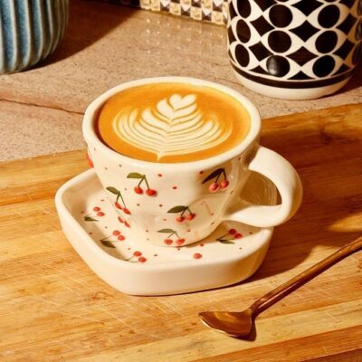 THE MOON STORE Ceramic Coffee Cup and Saucer Set, Cherry Pattern Design, White, 250ml for Gift Aniversary and Birthday