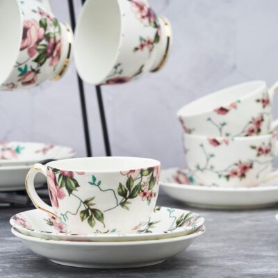 GOLDEN QUEEN'S Cup & Saucer Set | Perfect for Hosting & for Tea/Coffee Lovers | Handcrafted in India, Inspired by Florals & 24-Carat Gold Foot | 6 Cups & 6 Saucers |170 ml - Pink Petal Vine Tea Set